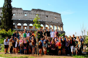 All 55 HPU students, parents, alum, faculty and staff outside of the Colosseum. 