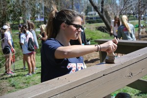 Rachel Lovely gives the walkway bridge a fresh coat of paint.