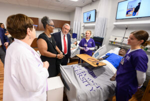 The event concluded with tours of the 50,000-square-foot, state-of-the-art nursing complex in Parkway Commons on campus. The complex includes a 16-bed skills lab with 14 diverse simulators modeling an acute care environment, as well as three high-fidelity simulation suites for adult health, pediatric and maternal/newborn.
