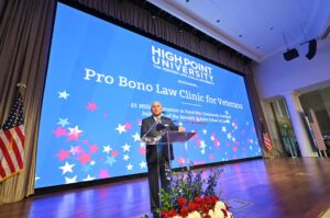 HPU President Dr. Nido Qubein announced the new law school will open a pro bono law clinic for veterans at HPU’s 13th Annual Veterans Day Celebration in November.