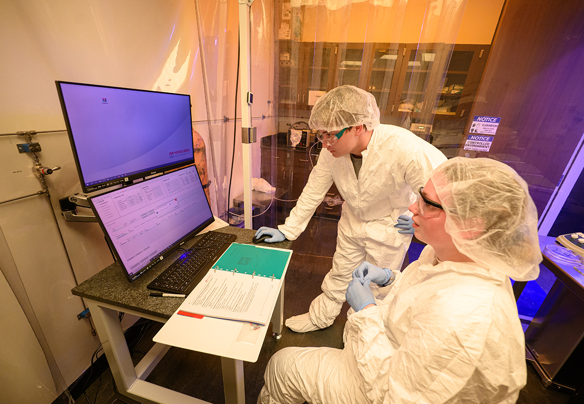 Pictured from left working in the lab are Ryland Brady, a senior biochemistry major from Daytona Beach, Florida, and Caitlyn Wingeart, a sophomore neurology major and physics minor from King George, Virginia.