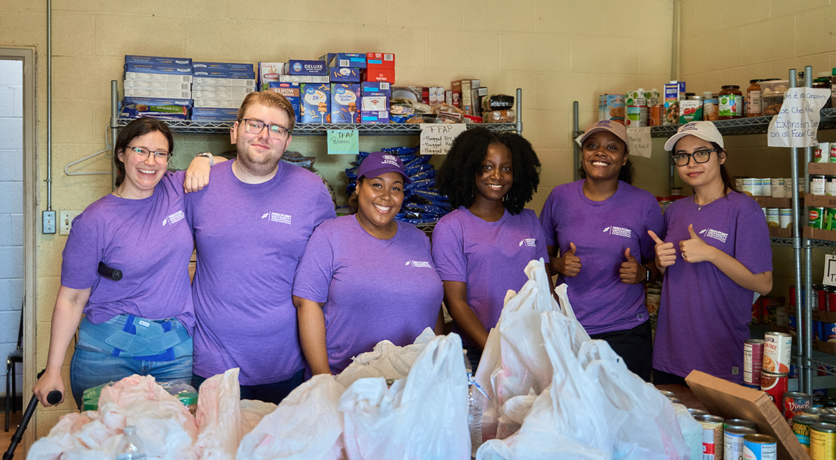 HPU pharmacy students Sydney Jarrett, Allen Thompson, Briana Jordan, Nicole Nimpson, Breanna Fulton and Roly Eban worked to organize the West End Ministries’ food pantry.