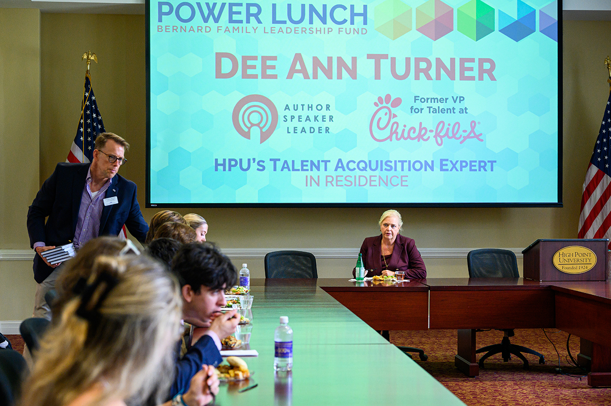 Dr. David Bergen, Z. Smith Reynolds professor of management, shared copies of Turner’s book as she shared lunch with students.