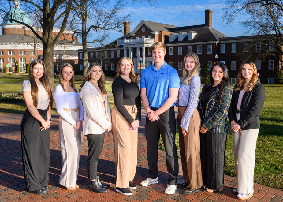 Nine High Point University students and one alumnus have been named semifinalists for the 2024-25 Fulbright U.S. Student Program. Pictured from left are Alexandra Bennett, Lauren Buddie, Anna Tornovish, Kristin Salvatore, Ethan Muckerheide, Savannah Graver, Olivia Gardner and Carly Zimmermann. Not pictured are Nigel Debrito and Eric Quarato.