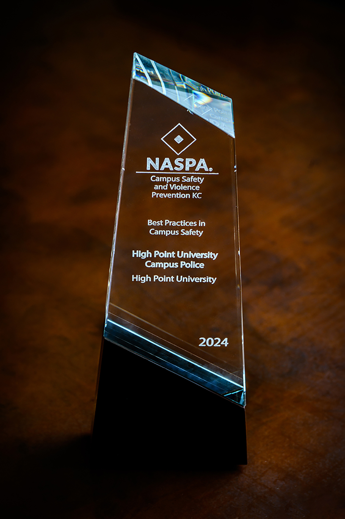 Closeup of the NASPA Campus Safety Award.