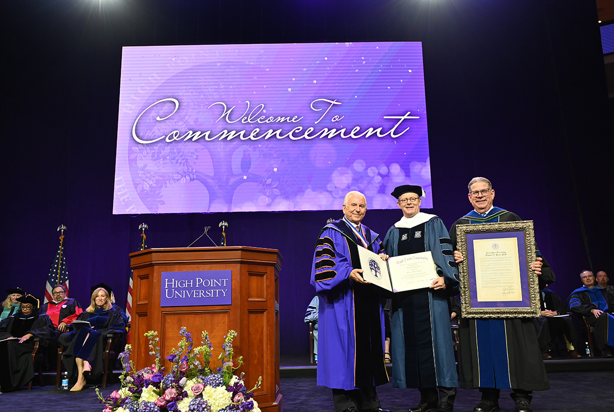 Qubein presented an honorary Doctor of Humane Letters degree to Dr. Vincent Price, president of Duke University and the Graduate Commencement speaker. They were joined by HPU Provost Daniel Erb.