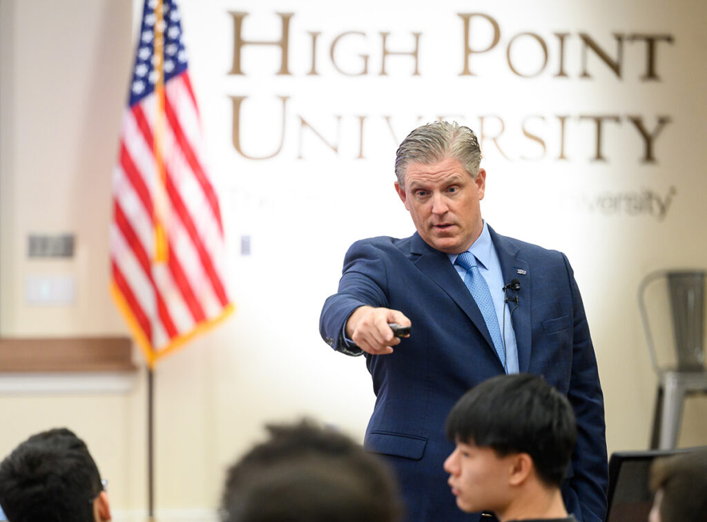 Freeman shares the Orlando Magic’s mission statement with HPU students who filled the Leadership and Life Skills Theater at the Earl N. Phillips School of Business.