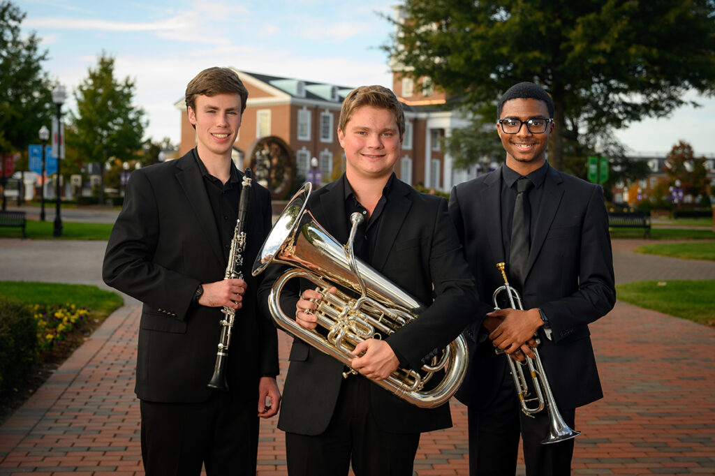 Three HPU band students were selected to play in the inaugural North Carolina Intercollegiate Honor Band (NCIHB). From left are Christian Sawina, Jared Bevacqua and Christopher Robinson II.