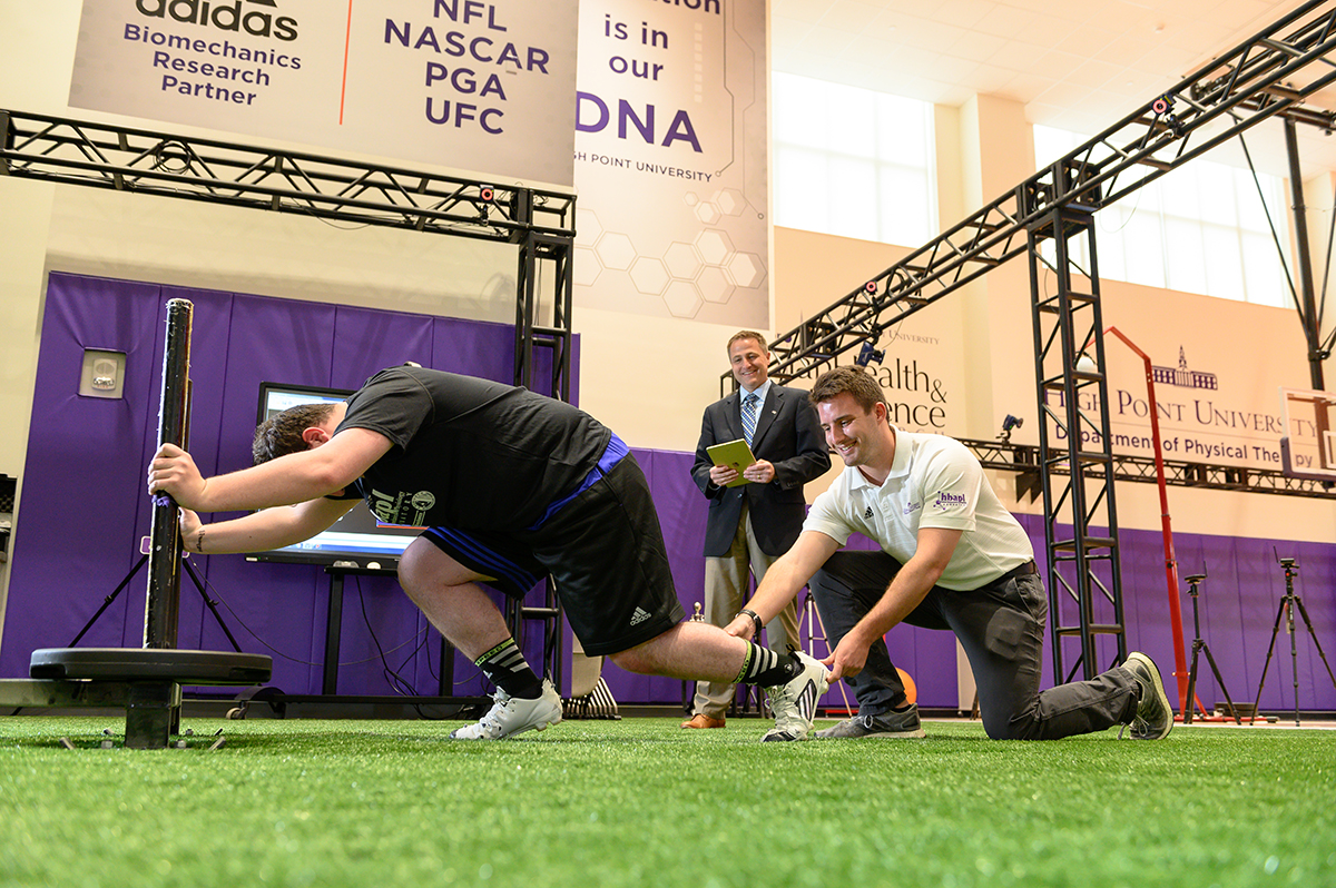 HPU physical therapy students are pictured working in the Human Biomechanics and Physiology Lab in the Congdon School of Health Sciences.