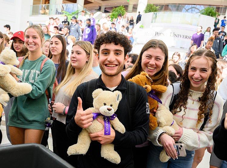 Ethan Boufahreddin, an undecided major from Charlotte, North Carolina, prompted smiles from friends as he talked about his mother’s influence and his plans to share his bear with her.