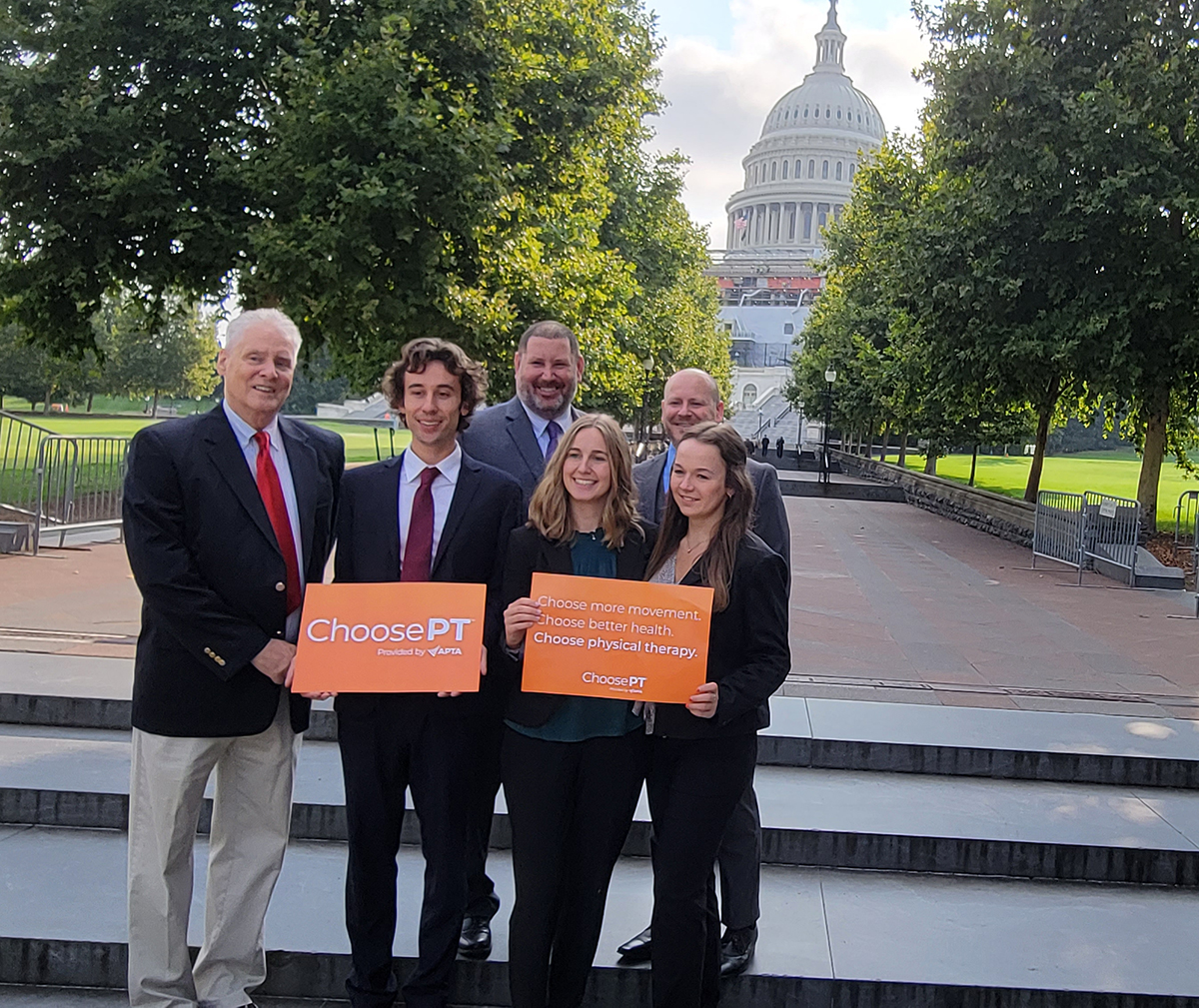 Dr. Lance Mabry, assistant professor of physical therapy, led a group of physical therapy students to Washington, D.C., to meet with members of the Senate and House as advocates for the physical therapy profession on Capitol Hill Day. Mabry is pictured at left in the second row with Dr. Steven Wertz. In the first row are Russell Mabry; Dr. Luke Laehy, who earned his physical therapy doctorate in the HPU Class of 2023; and Taylor Pitsinger.
