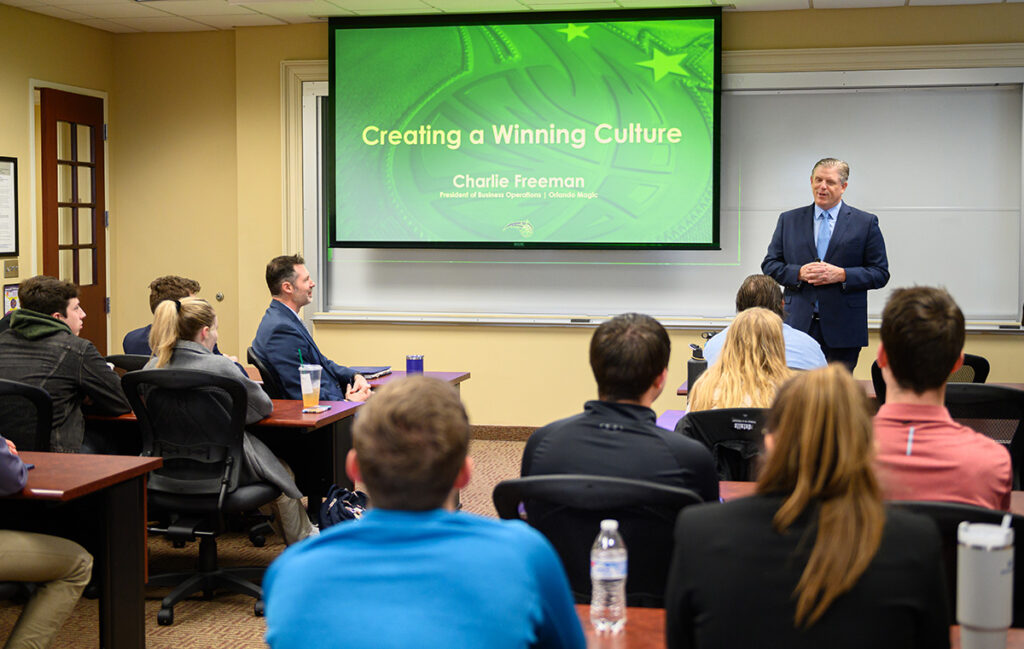 Sport management students in the Nido R. Qubein School of Communication learn more about creating culture during Freeman’s visit.