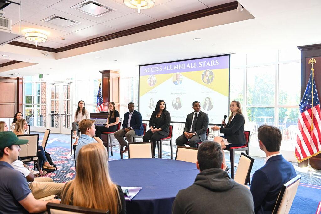 HPU graduates go on to launch careers at major organizations and serve as important resources for current students. Several graduates, pictured here, recently returned to campus to connect with and mentor students. Pictured from left are Nikki Sanford, Class of 2013, patent attorney at BakerHostetler; Jodi Guglielmi, Class of 2015, breaking news editor at Rolling Stone Magazine; Tyler Heaggans, Class of 2013, senior associate at PricewaterhouseCoopers; Lyndsey Clos, Class of 2019, ed tech representative at Amazon Web Services; Tyler Thomas, Class of 2022, corporate analyst at JPMorgan Chase & Co.; and Emmy Beck-Aden, Class of 2022, East Coast page at NBCUniversal.