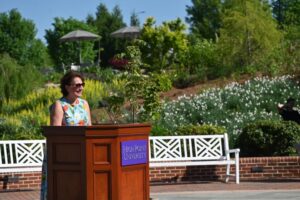 High Point University First Lady Mariana Qubein speaks to a crowd.