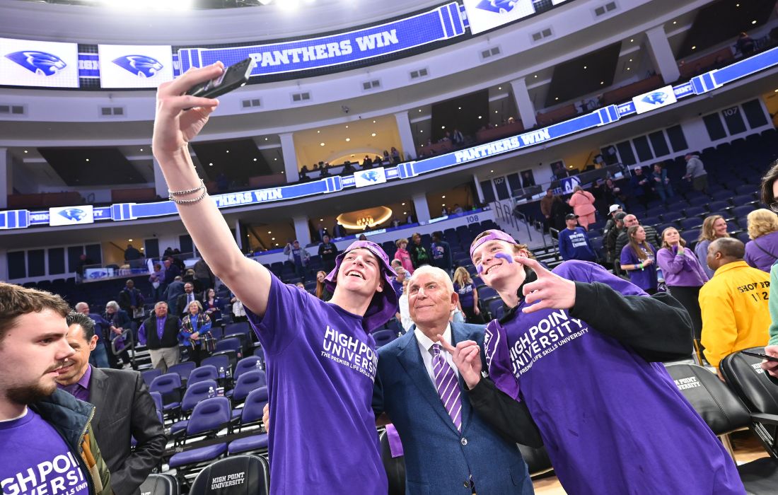 hpu students with nido qubein hpu basketball espnu game